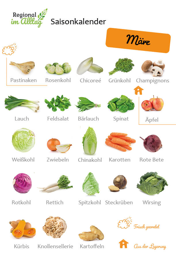 Saisonkalender März - Obst und Gemüse frisch geerntet oder aus Lagerung